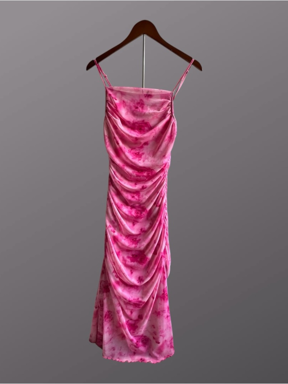 Sheer Pink Overlay Tie-dye Midi Bodycon Ruched Evening Dress Size Small